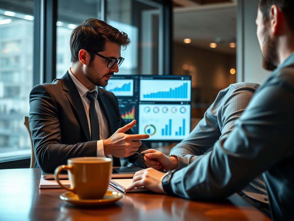 A close-up shot of a business consultant analyzing data on a laptop screen while discussing insights with a client in a modern office environment. The scene should depict charts and graphs on the screen, with a notepad and coffee cup on the table, highlighting the analytical aspect of the consultation. The background should be softly blurred to maintain focus on the subjects.