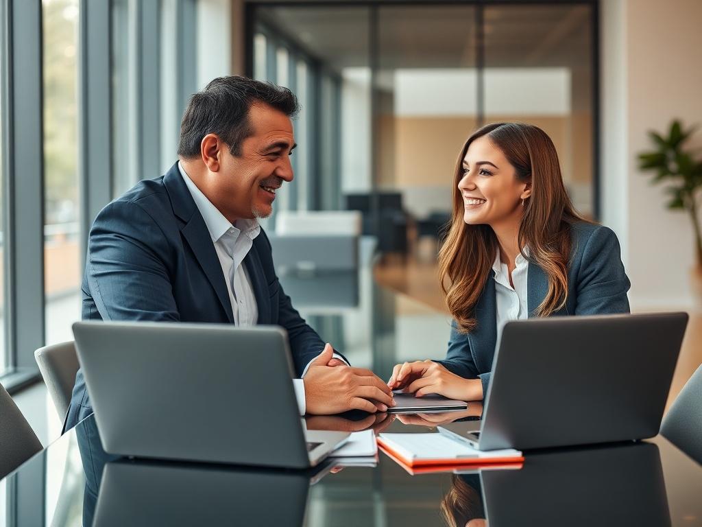 A hyper-realistic close-up shot of two business professionals engaged in a lively consultation. One person is a middle-aged man with short black hair, wearing a navy blue suit, and the other is a young woman with long brown hair, dressed in a smart casual outfit. They are sitting across from each other at a modern conference table, with laptops and notepads in front of them. The background features a sleek, contemporary office space with large windows, allowing natural light to illuminate the scene. The pri