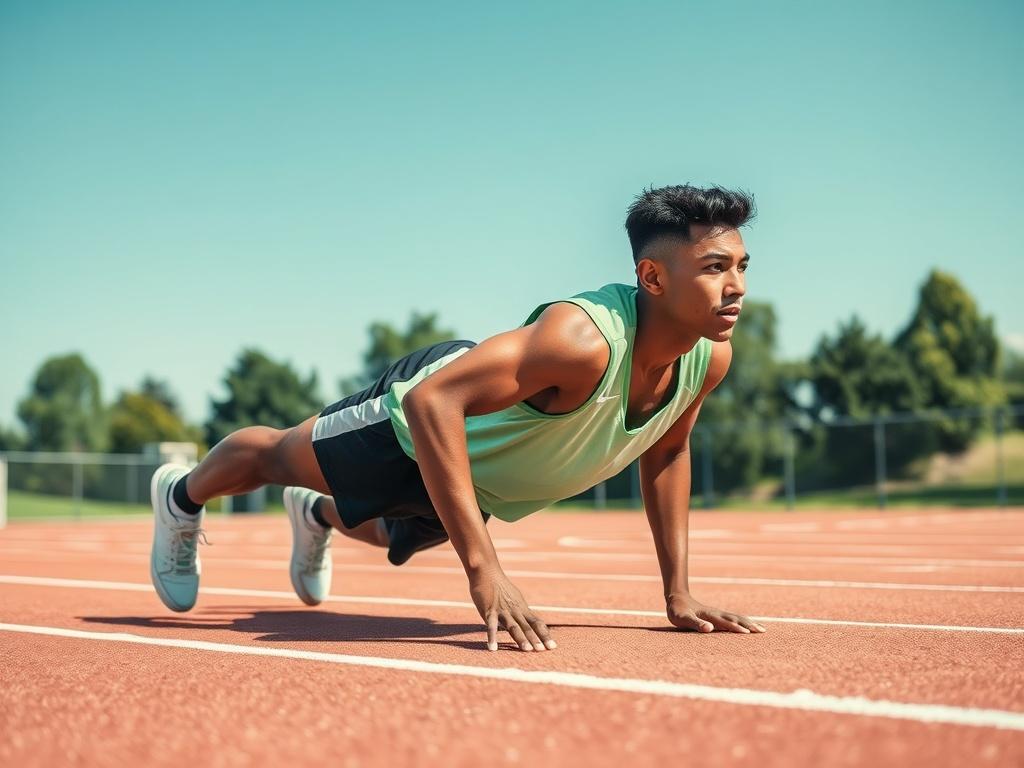 Create a realistic high-resolution photo that showcases an athlete in the midst of a training session, embodying dedication and focus. The composition should be simple and clear, featuring a single subject: a fit, determined young athlete performing a dynamic exercise such as sprinting or doing a push-up on an outdoor track. The athlete, dressed in DBEST Training Apparel, should exhibit a sense of motion and intensity to convey the essence of the blog title "5 Essential Training Tips for Athletes."

The bac
