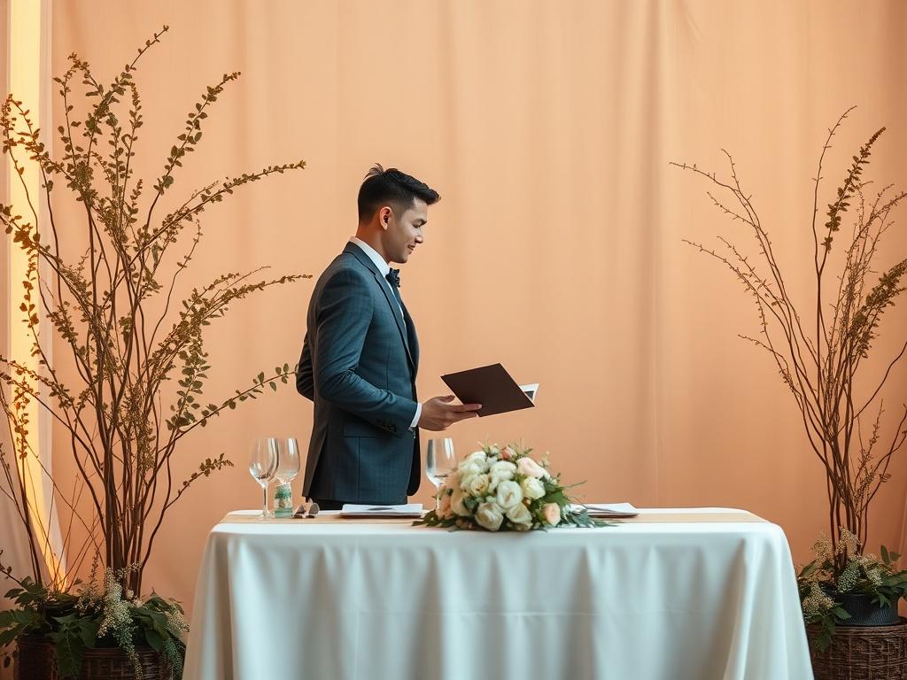 A serene scene featuring a couple standing at a beautifully