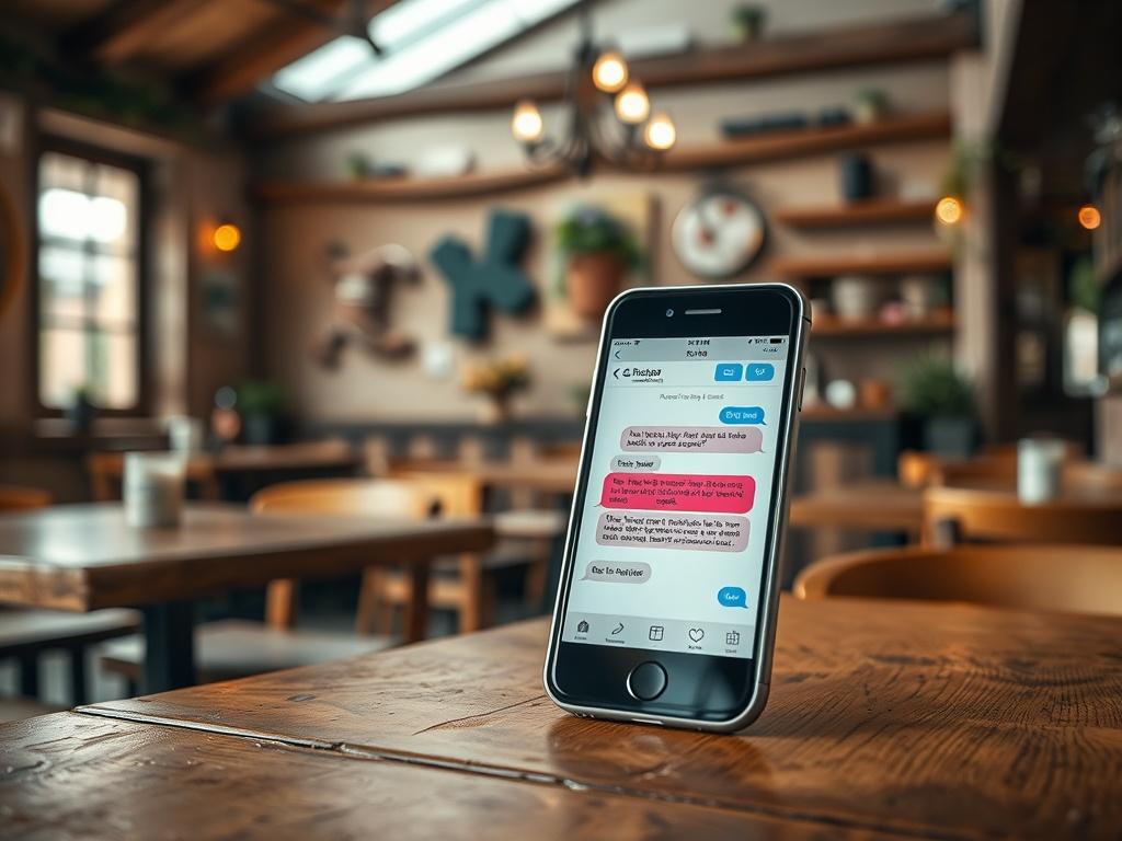 A close-up image of a smartphone displaying a text messaging app with a vibrant chat conversation visible. The background is a cozy, rustic café setting with wooden tables and natural lighting, creating an inviting atmosphere. The smartphone is the focal point, highlighting the ease of communication through text messaging.