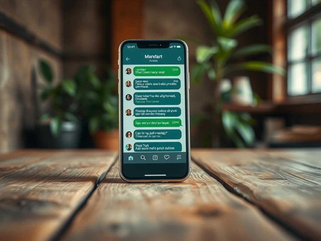 A realistic high-resolution photo of a smartphone displaying a text messaging app interface with vibrant text notifications. The background features a rustic wooden table with soft natural lighting to create an inviting atmosphere. The smartphone should be the main subject, with a focus on the text messages being sent and received, showcasing the ease of communication. Earthy tones should dominate the image, reflecting a clean and green aesthetic.