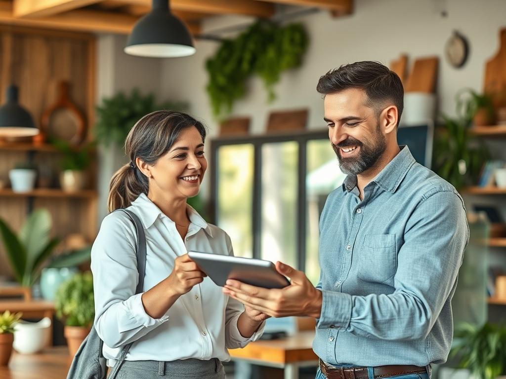A clean and modern workspace featuring a single merchant consultant engaging with a small business owner. The consultant is showing a point-of-sale system on a tablet, with a welcoming smile. The background is a softly lit, rustic office with wooden accents and greenery, creating a grounded and earthy atmosphere. Natural light filters in, enhancing the inviting feel of the space.
