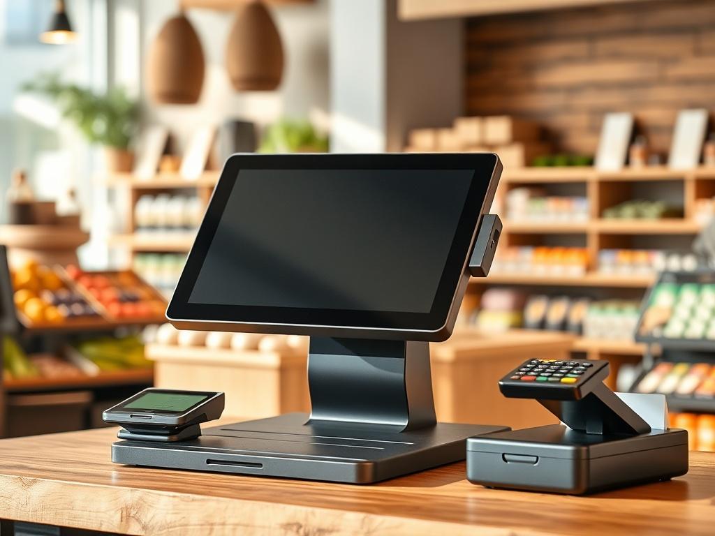 A modern point-of-sale system setup in a retail environment, showcasing a sleek touchscreen interface, alongside a cash register and payment card reader, with soft natural lighting highlighting the clean design. The background should include a well-organized store display, emphasizing a welcoming and efficient shopping atmosphere.