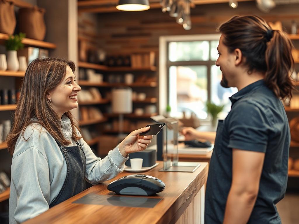 An image of a merchant accepting a credit card payment at a retail counter, featuring a modern card reader and a satisfied customer. The background should display an inviting store ambiance with natural light, showcasing various products on display, emphasizing a friendly and professional shopping experience.