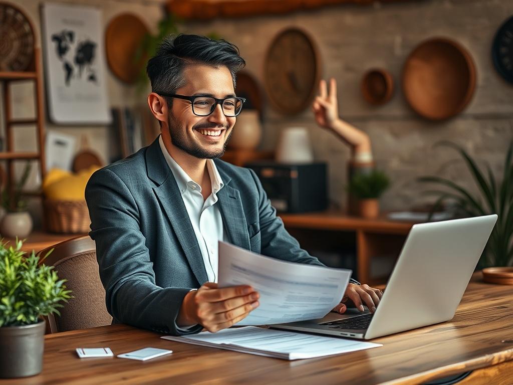A focused, high-resolution image of a business professional sitting at a desk with a laptop, looking relieved and pleased while reviewing financial documents. The background should be a cozy office space featuring earthy tones and natural textures, with a warm light illuminating the scene, emphasizing a sense of support and growth.
