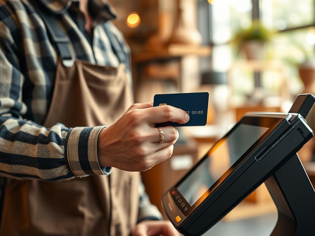 A close-up of a merchant's hands holding a credit card while standing next to a sleek point-of-sale terminal. The background features a warm, inviting retail environment with soft natural lighting. The focus is on the card and terminal, emphasizing the transaction process, with earthy tones and rustic textures in the decor.