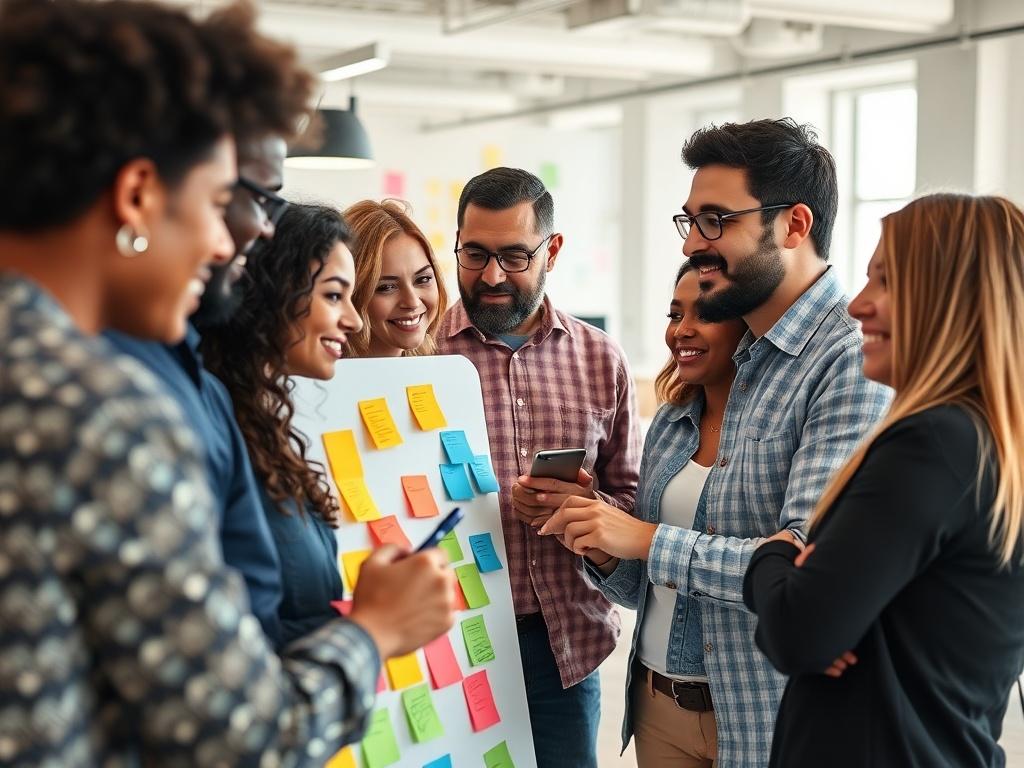 A diverse team of employees participating in a collaborative brainstorming
