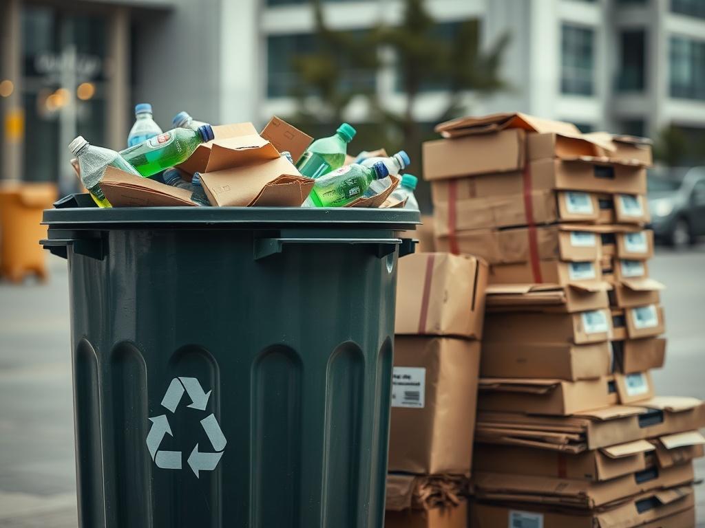 A realistic high-resolution photo depicting a recycling bin overflowing with various recyclable materials such as plastic bottles, paper, and cardboard. Next to the bin, there is a neatly stacked pile of cardboard boxes ready for recycling. The background is a clean urban setting, showcasing a commitment to sustainability. The composition should focus on the recycling bin as the main subject, with the pile of boxes complementing the scene.
