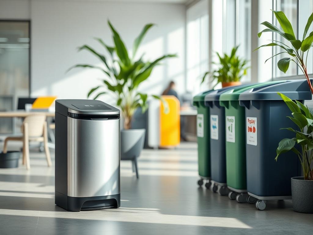 A clean, modern office space showcasing a variety of waste management solutions. The image should feature a sleek, eco-friendly waste disposal system prominently displayed in the foreground. The background should include a well-organized recycling area with clearly labeled bins for paper, plastics, and organics. Natural lighting should illuminate the space, emphasizing cleanliness and efficiency, with green plants adding a touch of nature to promote the eco-friendly aspect.