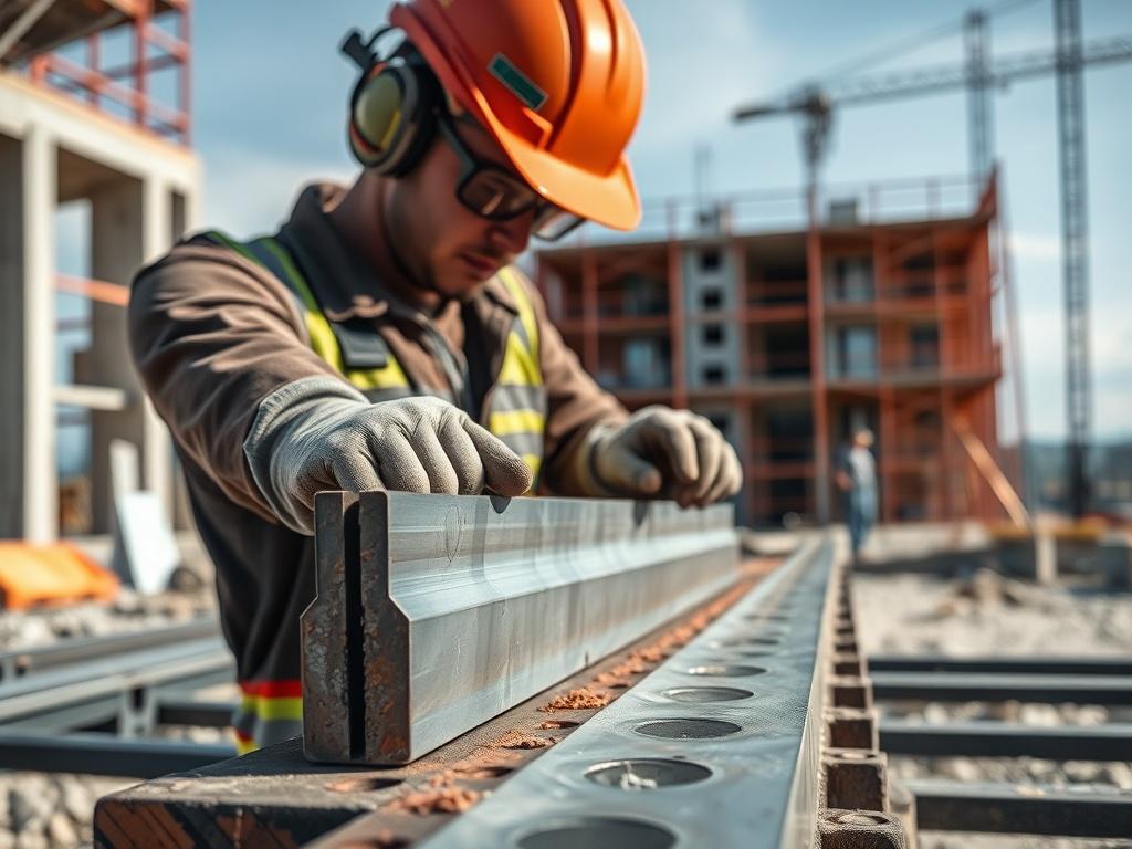 A highly detailed close-up shot of compression steel being used in a construction site. The image should focus on a worker skillfully handling compression steel, showcasing the texture and strength of the material. The background should be a clear view of a partially constructed building, with scaffolding and construction tools in the distance, capturing a vibrant and industrious atmosphere.