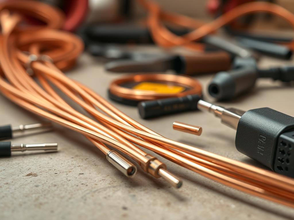 A realistic high-resolution photo of copper electronics and electric cables arranged neatly on a workbench. The composition should focus on a close-up shot of the shiny copper wires and cables, with some tools like wire strippers and connectors subtly placed in the background. The lighting should highlight the metallic sheen of the copper, creating a vibrant contrast against a neutral background.