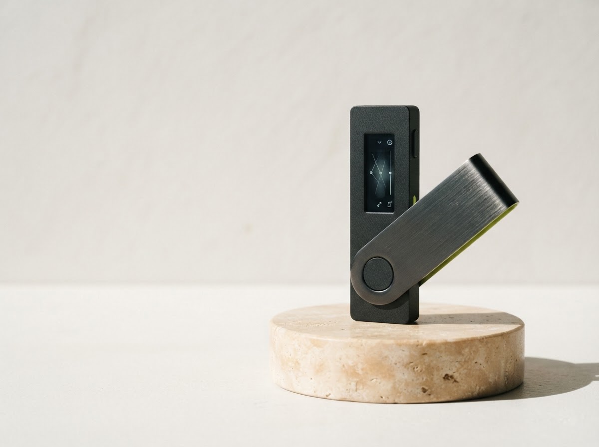 A Ledger-style hardware wallet displayed on a pale stone pedestal
