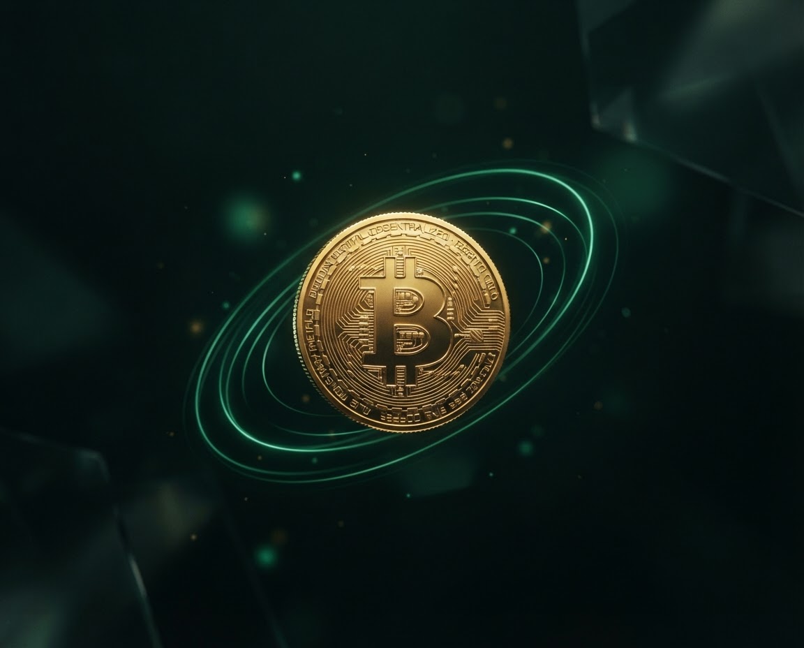 A golden Bitcoin coin surrounded by glowing green orbital light