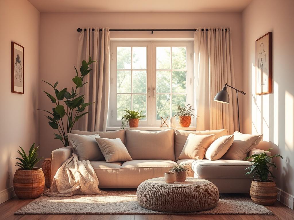 A serene living space representing stability, featuring warm lighting and