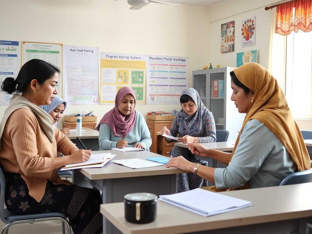 A classroom setting with women engaged in a vocational training