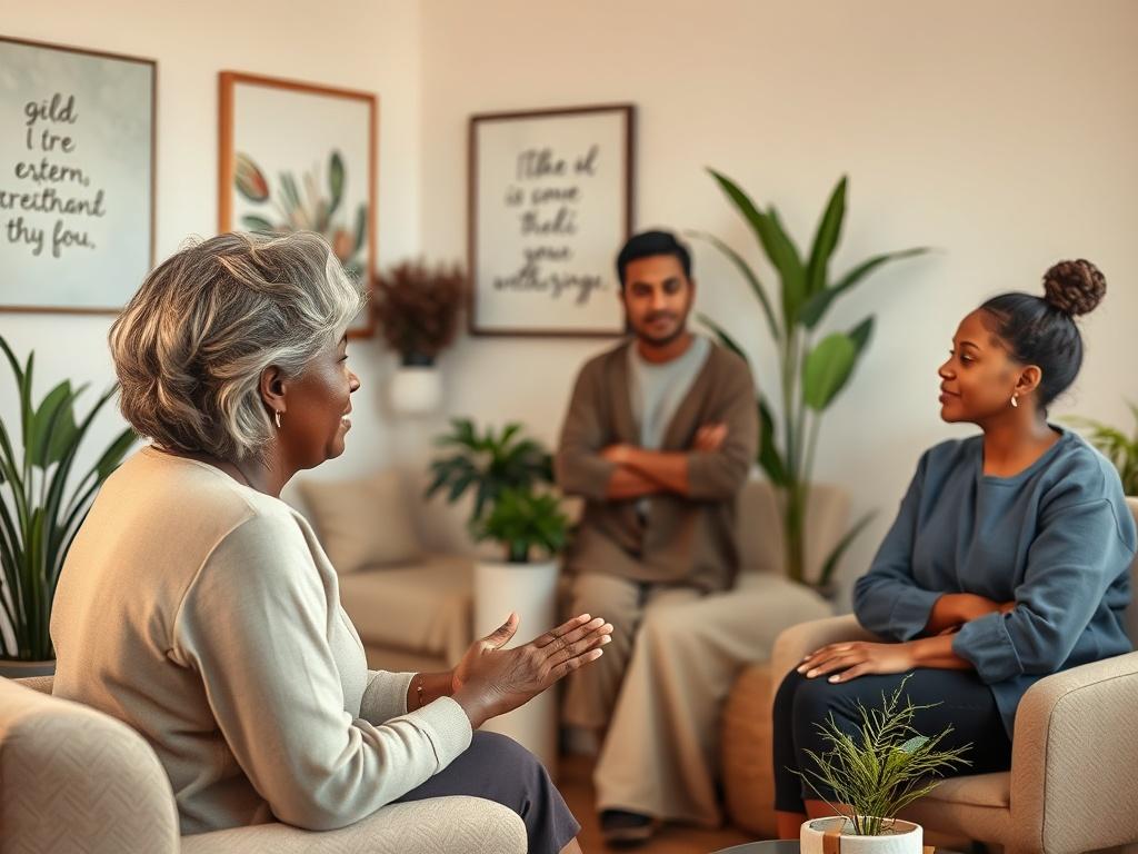 A serene counseling environment featuring a diverse group of individuals in a biblical counseling session. The setting is warm and inviting, with soft lighting that creates a peaceful atmosphere. In the foreground, a middle-aged Black woman speaks compassionately with a young Hispanic man, while a Caucasian woman listens attentively. In the background, a Middle-Eastern man provides supportive body language, fostering an inclusive and collaborative space. The walls are adorned with gentle, inspirational artw