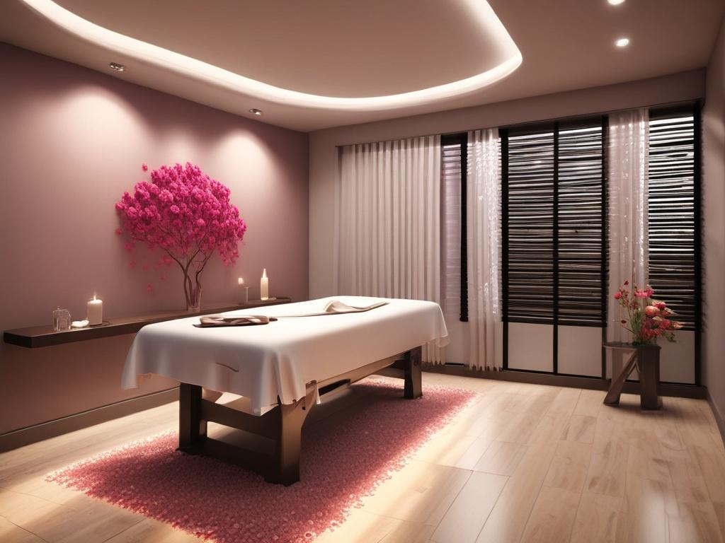 An inviting massage room with soft ambient lighting, featuring a