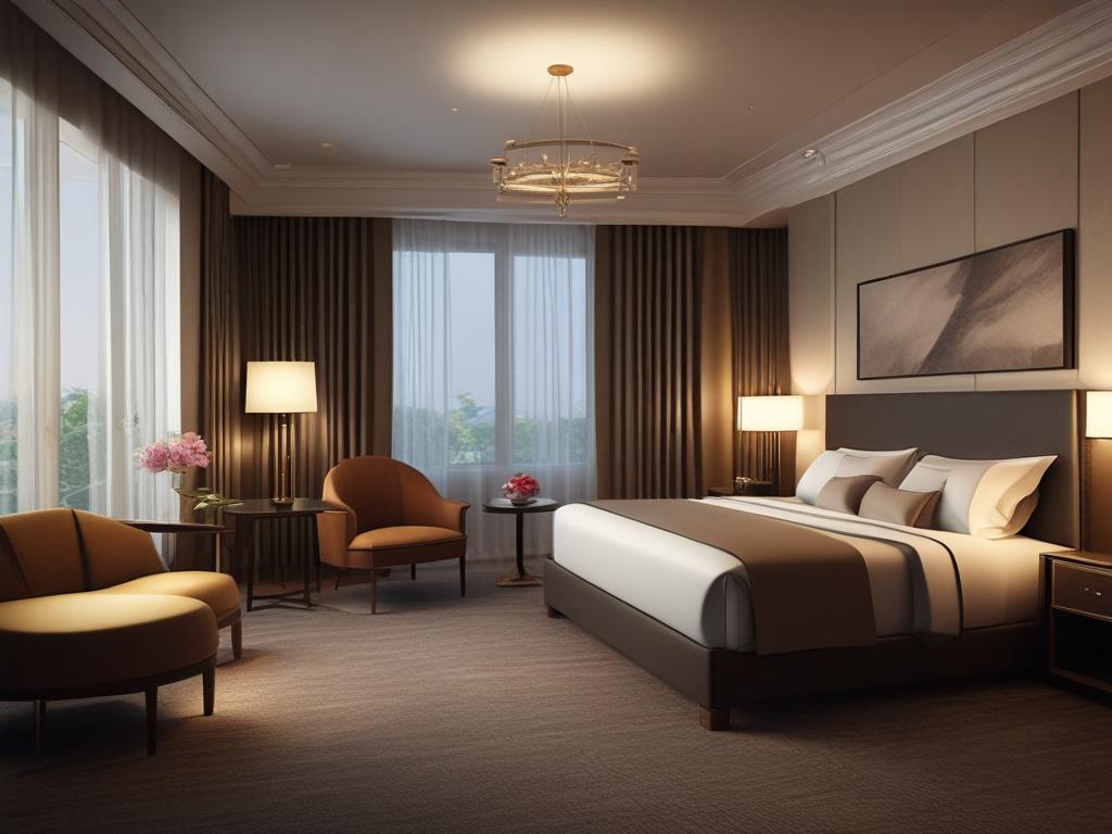A discreet and elegant hotel room setting with soft lighting