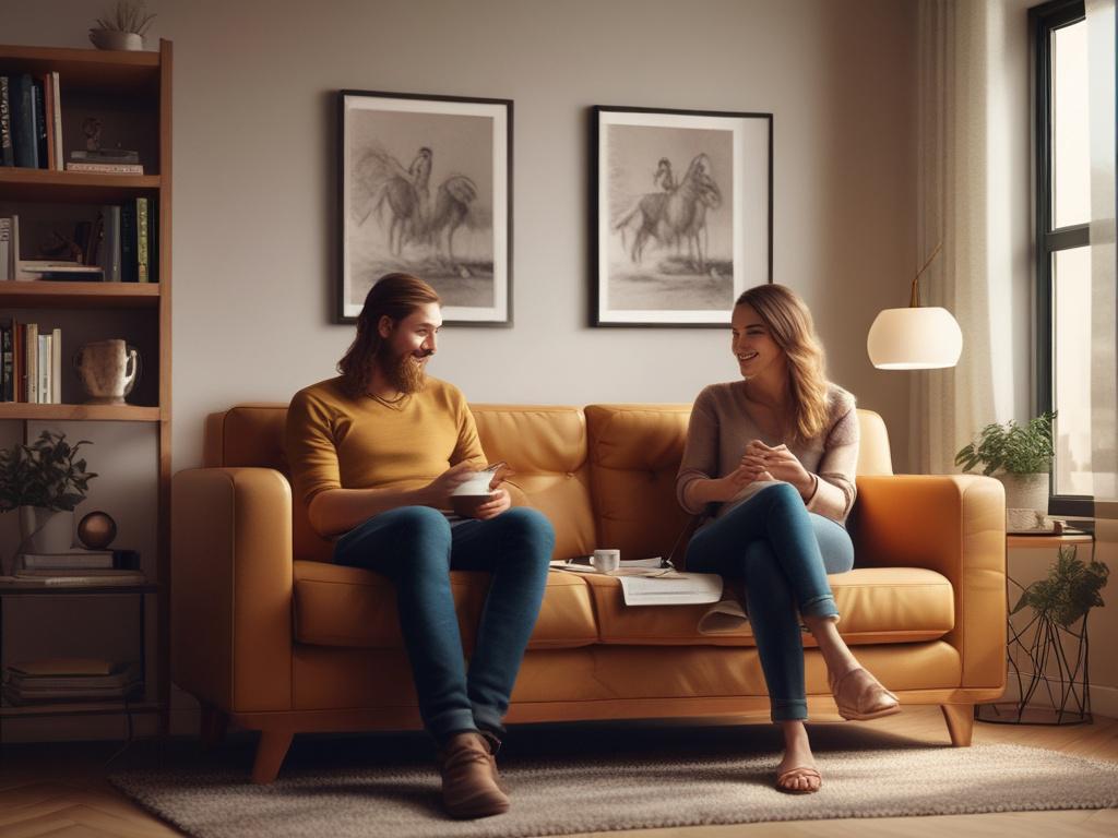 A couple sitting together on a cozy sofa, laughing and