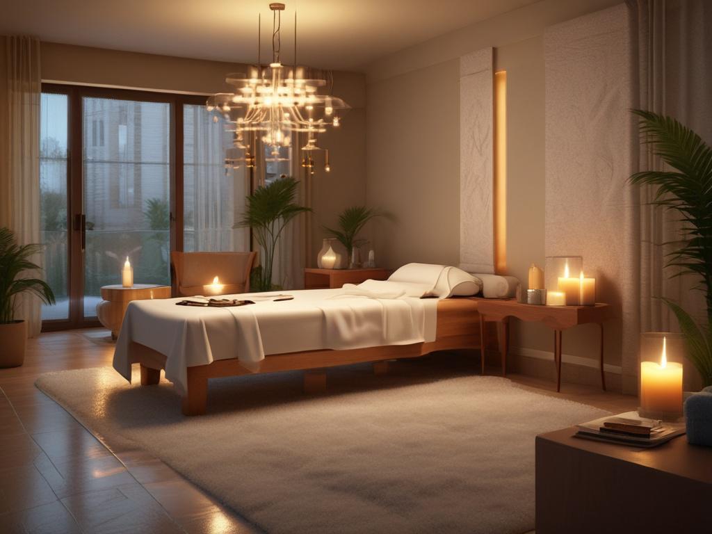 A serene spa setting with a beautiful masseuse preparing for