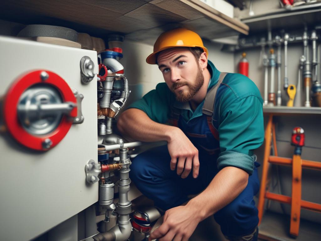 A close-up shot of a skilled plumber working on a modern plumbing installation, featuring tools like wrenches and pipes. The plumber is focused and wearing safety gear, showcasing a professional environment. The background is softly blurred to emphasize the subject, with a color palette that incorporates rgb(50, 170, 39) for a fresh and clean look.