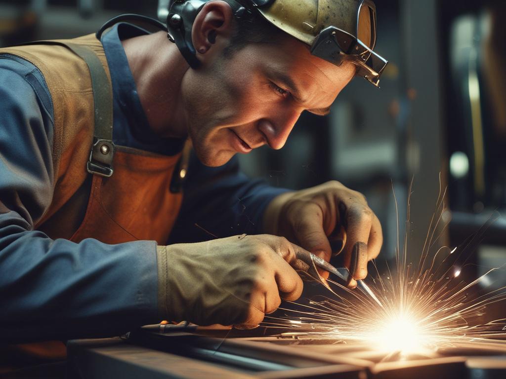 A hyper-realistic close-up shot of a skilled technician performing boiler making, showcasing intricate welding details and metalwork. The focus should be on the technician's hands as they expertly manipulate the materials, with sparks flying from the welding process. The background should be a workshop environment, slightly blurred to emphasize the technician and the boiler assembly. The overall color scheme should include shades of green, in line with the rgb(50, 170, 39) primary color.
