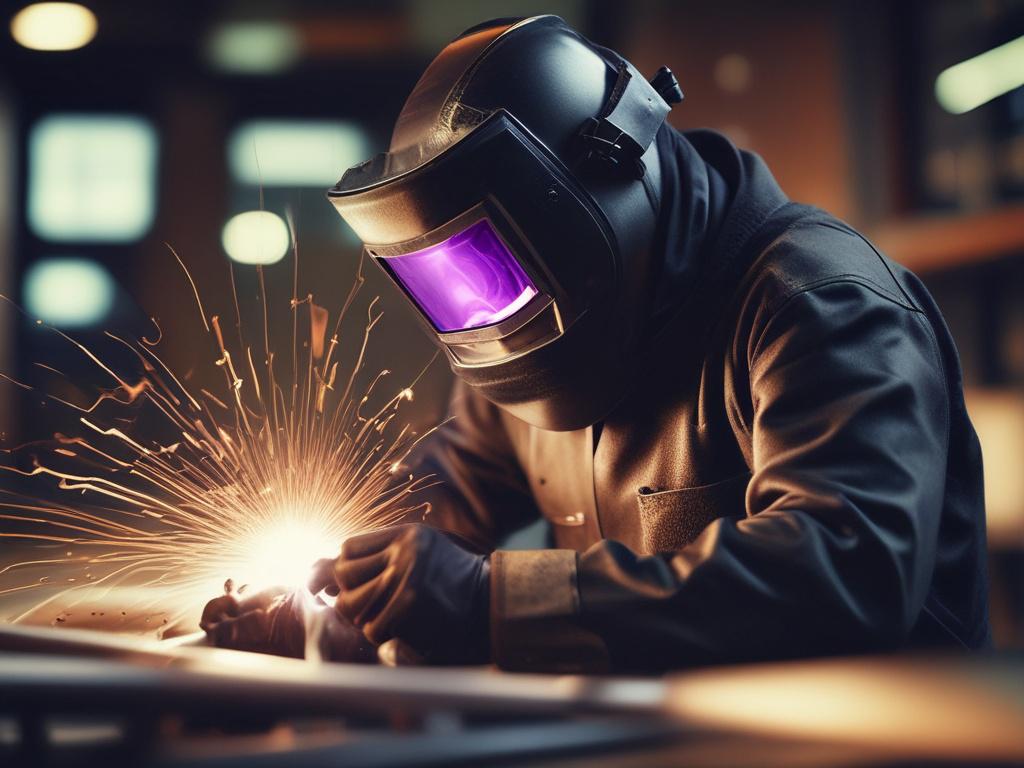 A close-up shot of a welder in action, wearing a black welding helmet, focused on a welding task. The background is softly blurred to emphasize the welder's skills and the sparks flying from the welding arc. The image should reflect a hyper-realistic style, shot with a 45mm f/1.2 lens, with vibrant colors that match the rgb(50, 170, 39) primary color.