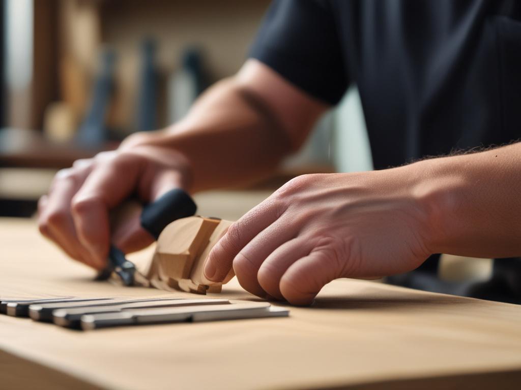 A close-up shot of a skilled carpenter working on a piece of wood with precision tools. The carpenter is wearing a black shirt and focused on the task. The background is softly blurred, focusing attention on the craftsmanship. The image should be hyper-realistic, capturing the details of the wood texture and the tools used, with a color palette that includes rgb(50, 170, 39) for contrast.