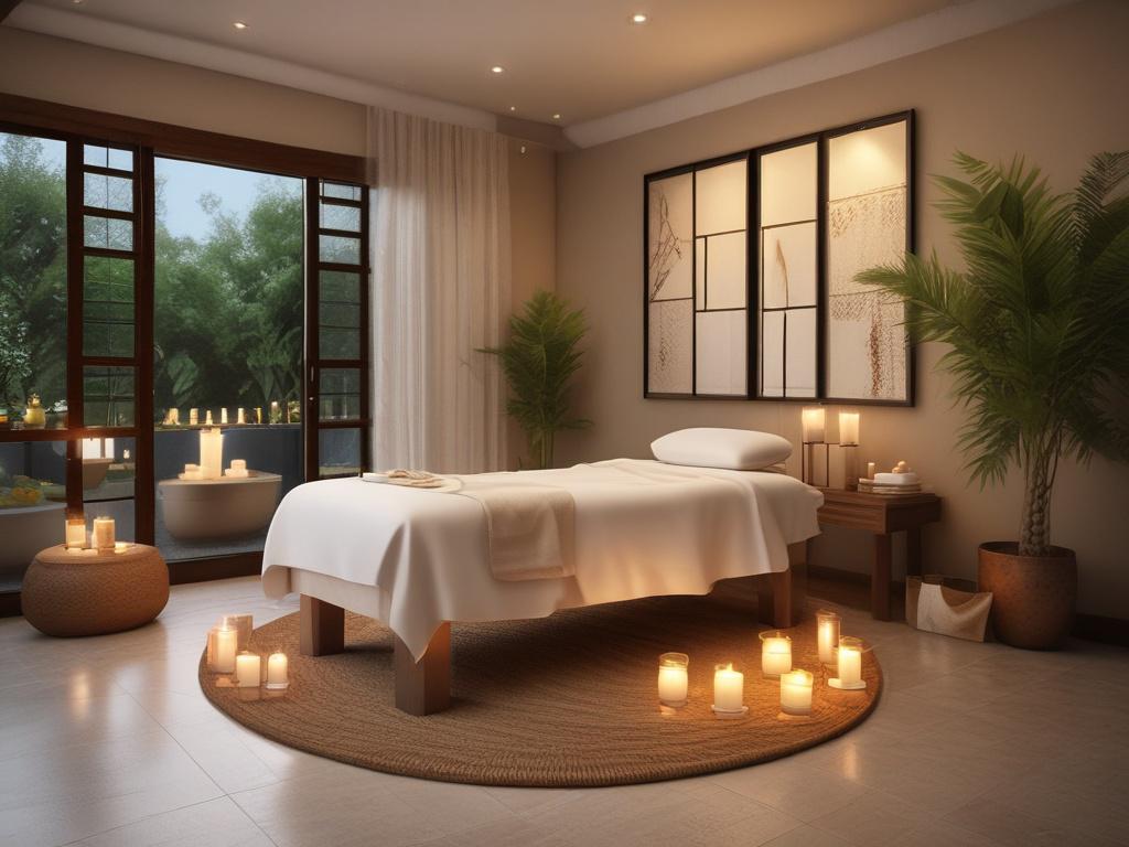 A serene spa setting with soft lighting and calming decor