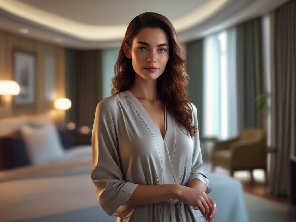 A stunning young woman with an elegant appearance, dressed in