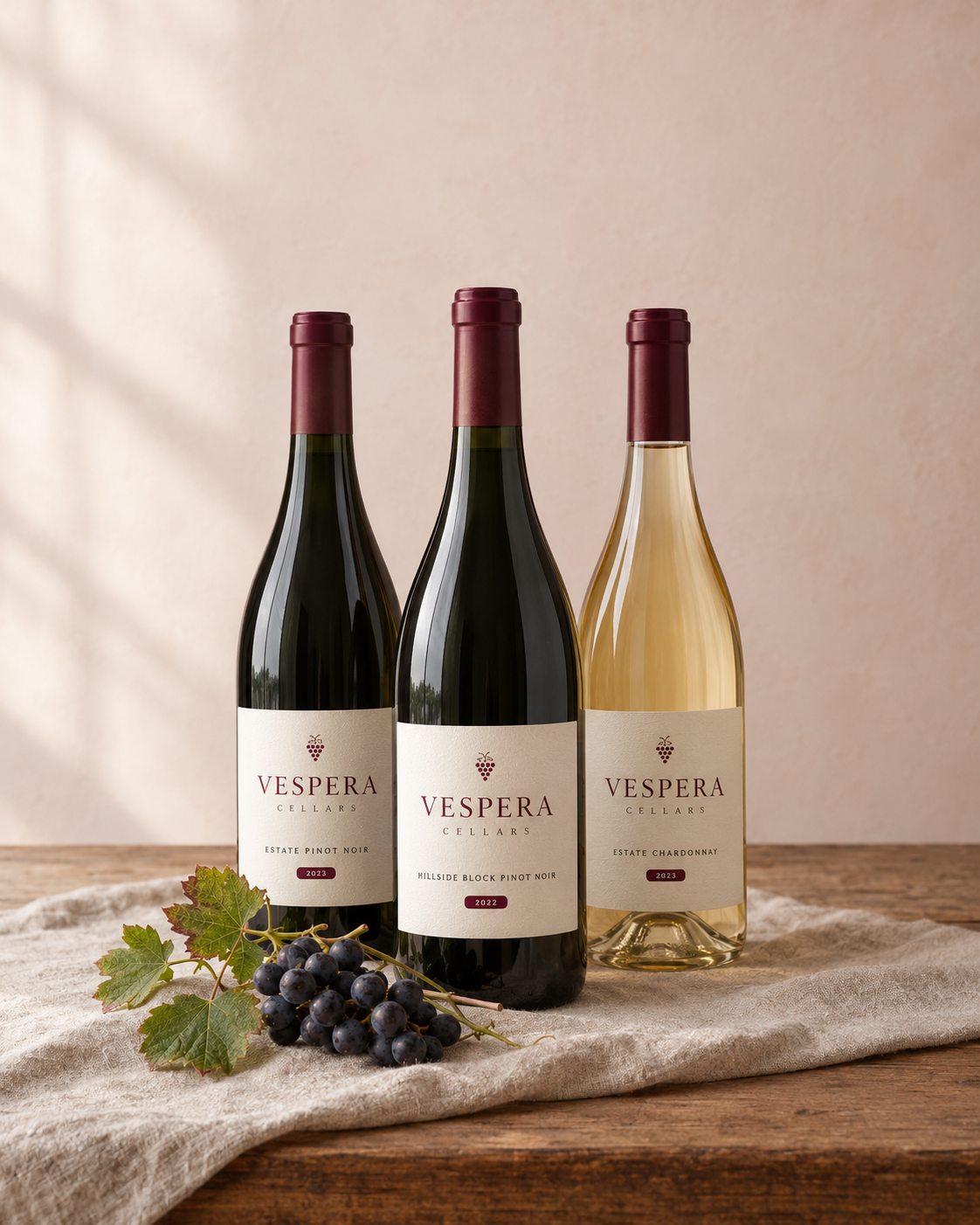 Three Vespera Cellars bottles — 2023 Estate Pinot Noir, 2022 Hillside Block Pinot Noir and 2023 Estate Chardonnay — on linen