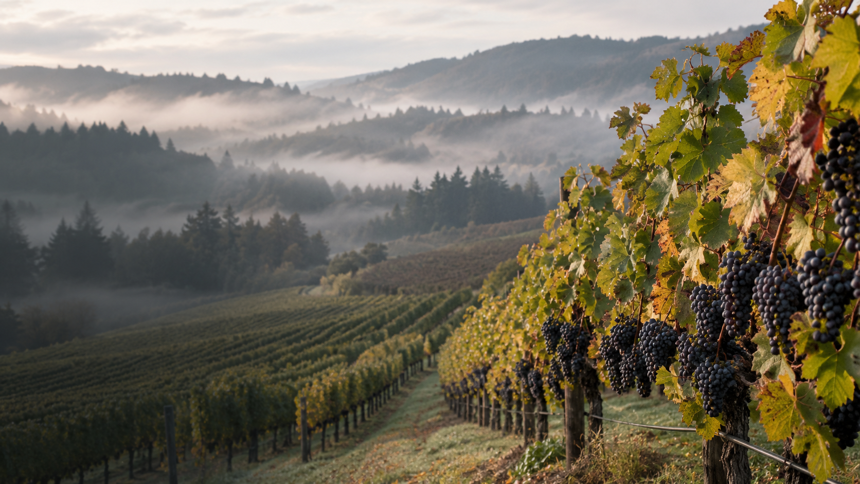 Vine rows at harvest with morning fog lifting over the Eola-Amity Hills