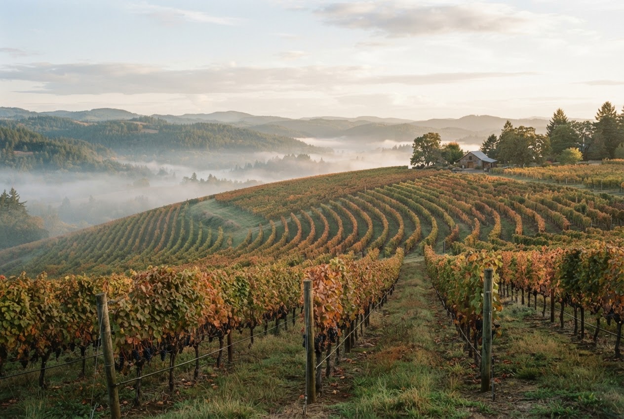 Vine rows curving across the Eola-Amity Hills in morning haze