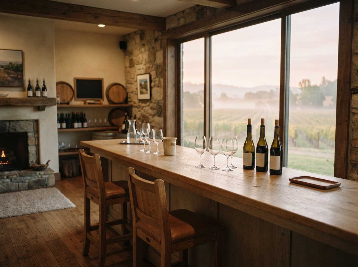 The Vespera Cellars tasting room with the vineyard visible through the window
