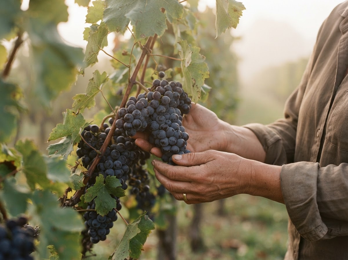 Hands cupping a cluster of pinot noir grapes at harvest