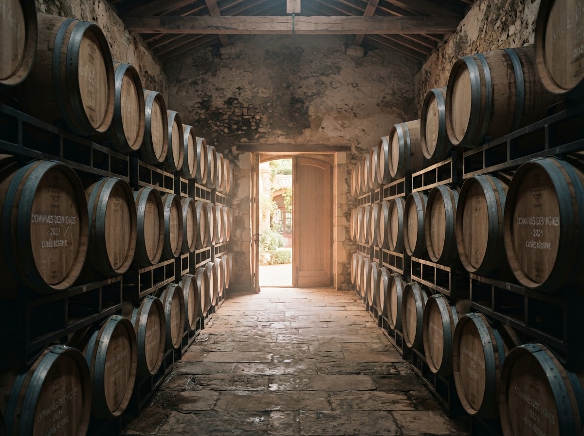 French oak barrels in the Vespera Cellars barrel room