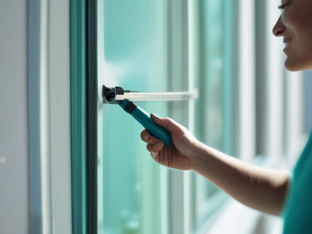 A close-up shot of a friendly, uniformed professional cleaning a residential window with a modern squeegee tool. The background shows a clean, bright window reflecting a turquoise sky with hints of dark blue and white accents. The image is hyper-realistic, high-resolution, shot with a 45mm f/1.2 lens style, focusing sharply on the worker's hands and window surface, emphasizing professionalism and care.