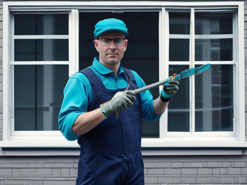 A hyper-realistic, high-resolution close-up photo of a professional window cleaner in a dark blue uniform with turquoise accents, wearing gloves and using a squeegee on a large residential window. The background is softly blurred, showing a modern Montreal house exterior in natural daylight. The composition is simple and clear, shot with a 45mm f/1.2 lens style to highlight the precision and care in the cleaning process. The color palette complements the #5CDB95 turquoise primary color, with natural reflect