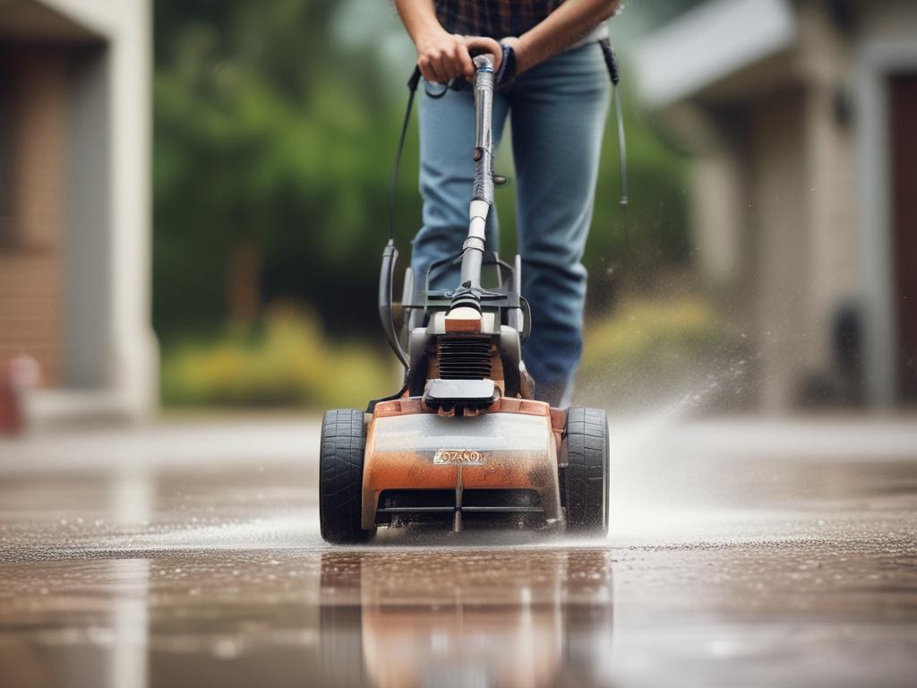 A hyper-realistic close-up shot of a professional using a high-pressure washer to clean a stone driveway, with water spray visibly removing dirt and grime. The background is softly blurred with hints of turquoise (#5CDB95) reflected in the water droplets. The image is captured with a 45mm f/1.2 lens effect, focusing on the dynamic cleaning action and surface rejuvenation.