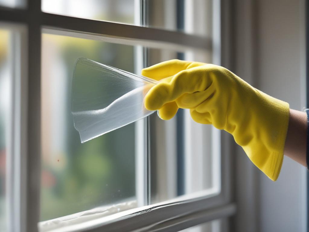 A close-up shot of a professional window cleaner's hand gently wiping a large residential window with a microfiber cloth, set against a backdrop of a bright, sunlit modern house exterior. The image should have a hyper-realistic style, captured with a 45mm f/1.2 lens effect, emphasizing clarity and crisp reflections on the glass. The color palette should subtly incorporate the #5CDB95 turquoise tone, highlighting the freshness and cleanliness achieved by the service.