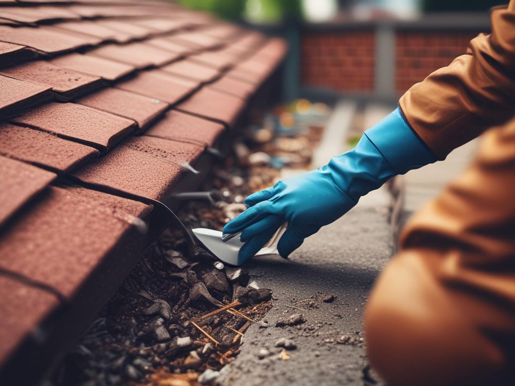A hyper-realistic close-up image of a professional wearing gloves and using a specialized gutter cleaning tool to clear debris from a residential home's gutter. The background shows a clear blue sky with hints of turquoise (#5CDB95) reflected subtly. The shot is focused and detailed, captured with a 45mm f/1.2 lens style to emphasize precision and care in the cleaning process.