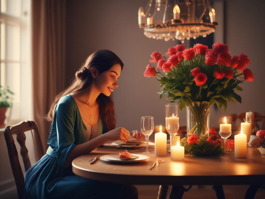 A lovely woman sitting at a beautifully set dining table,