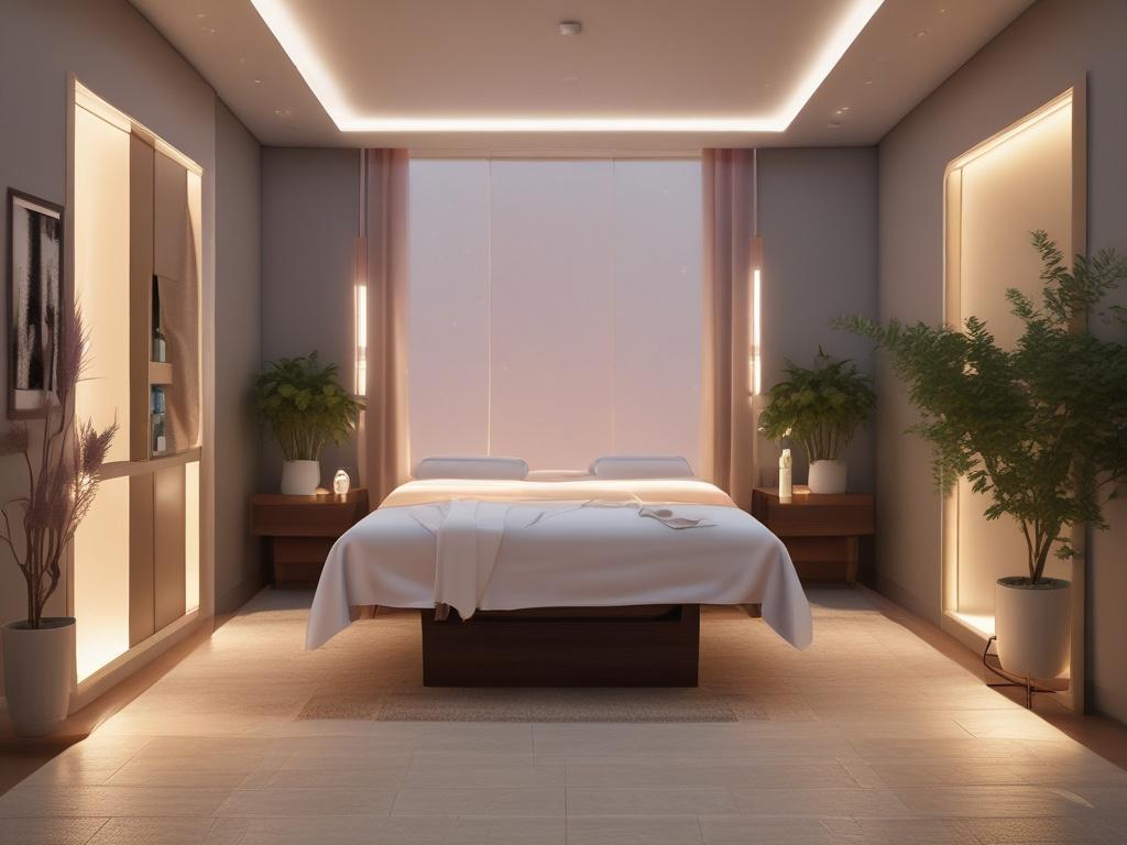 A serene massage room with soft ambient lighting and calming