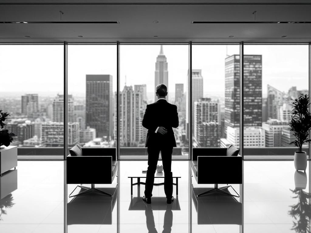 **AI Image Generation Prompt:**

Create a realistic high-resolution black and white photograph that captures the essence of the following concepts: the impact of AI on competitive advantage in organizations. The composition should be simple and clear, featuring a solitary figure—an executive or business leader. This individual stands confidently in a modern office environment, gazing thoughtfully out of a large floor-to-ceiling window that frames a bustling cityscape in the background. 

The subject should 