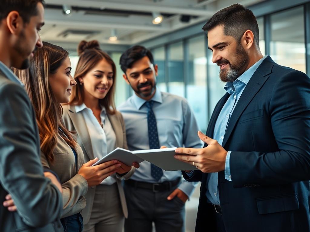 A close-up shot of a professional consultant discussing Payroll and HR Tech solutions with a group of diverse business professionals in a modern office setting. The consultant is pointing at a digital tablet displaying HR software, while the professionals are engaged and taking notes. The background features a sleek office environment with soft lighting, emphasizing collaboration and technology. The color scheme incorporates the primary color #062767.