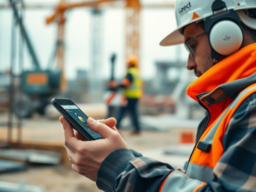 A hyper-realistic close-up of a construction worker using a smartphone app on-site to manage tasks. The background should showcase construction machinery and materials, highlighting the integration of technology in construction. The image should reflect the primary color #062767, with an emphasis on the smartphone and its interface, captured with a 45mm f/1.2 lens.