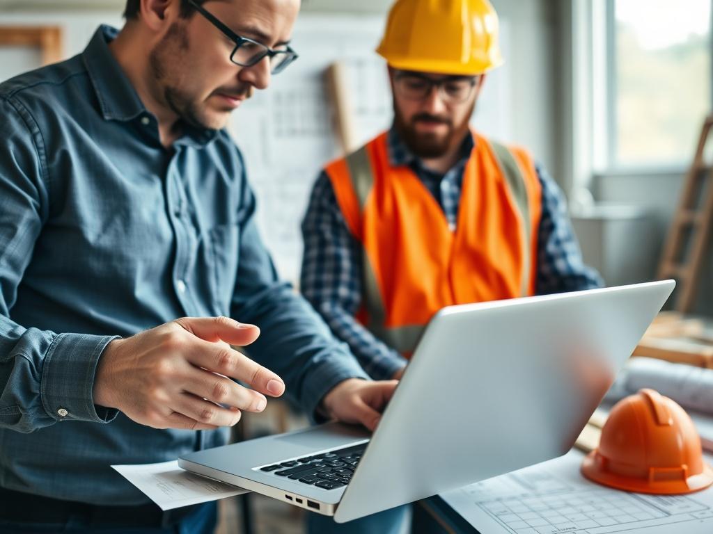 A close-up image of a professional IT consultant discussing plans with a construction manager over a laptop. The background should show a blueprint and construction materials, emphasizing collaboration. The image must be hyper-realistic, capturing the expressions and interactions, with a focus on the laptop screen showing IT solutions for construction. The color scheme should align with #062767.