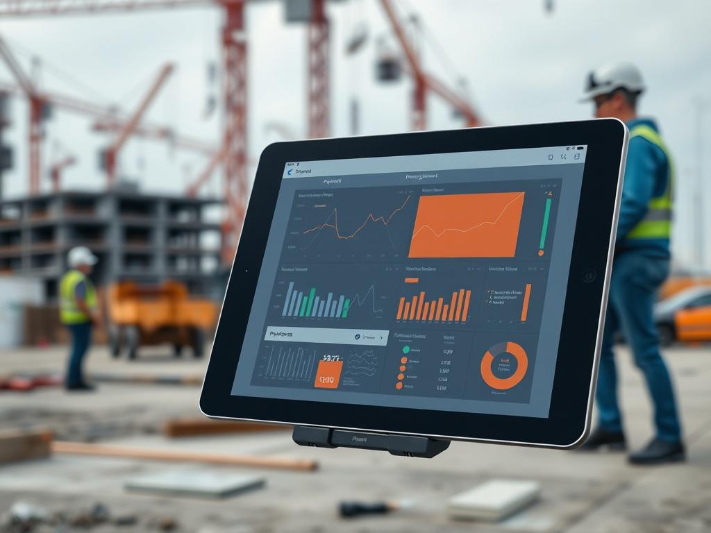 A close-up shot of a construction site with a digital tablet displaying project management software. The background features cranes and workers, symbolizing the construction industry. The image should be hyper-realistic, capturing the details of the tablet and the construction environment, with a color palette dominated by the primary color #062767. The shot should be taken with a 45mm f/1.2 lens to create a shallow depth of field.