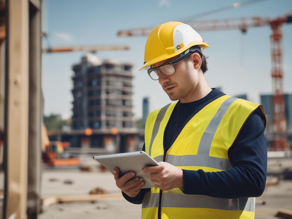 A close-up shot of a construction site with a focus on a construction manager using a tablet. The background features cranes and building materials, capturing the essence of modern construction technology. Shot with a 45mm f/1.2 lens, the scene should be vibrant and realistic, showcasing the integration of tech in construction.